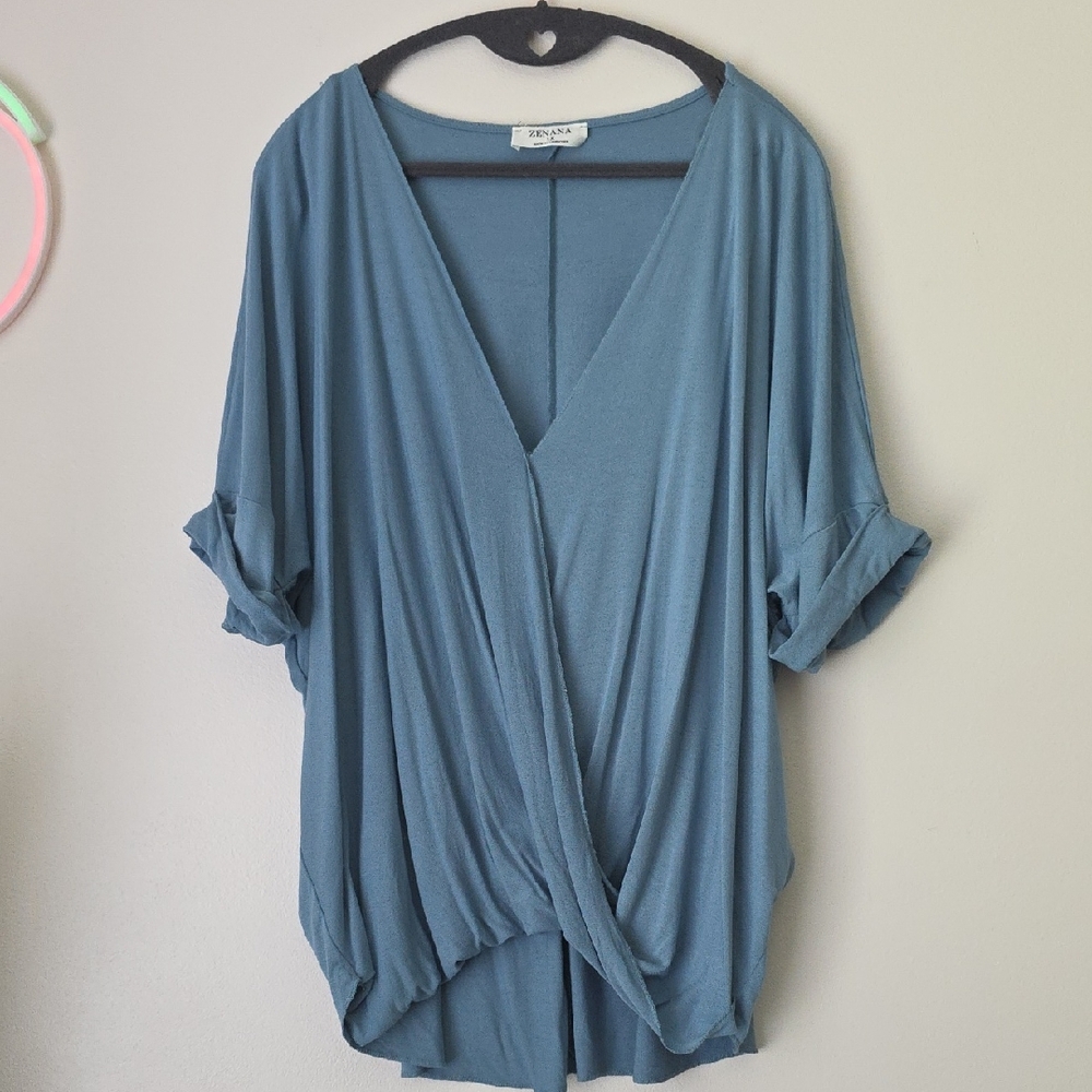 Zenana Outfitters Blue Wrap Blouse